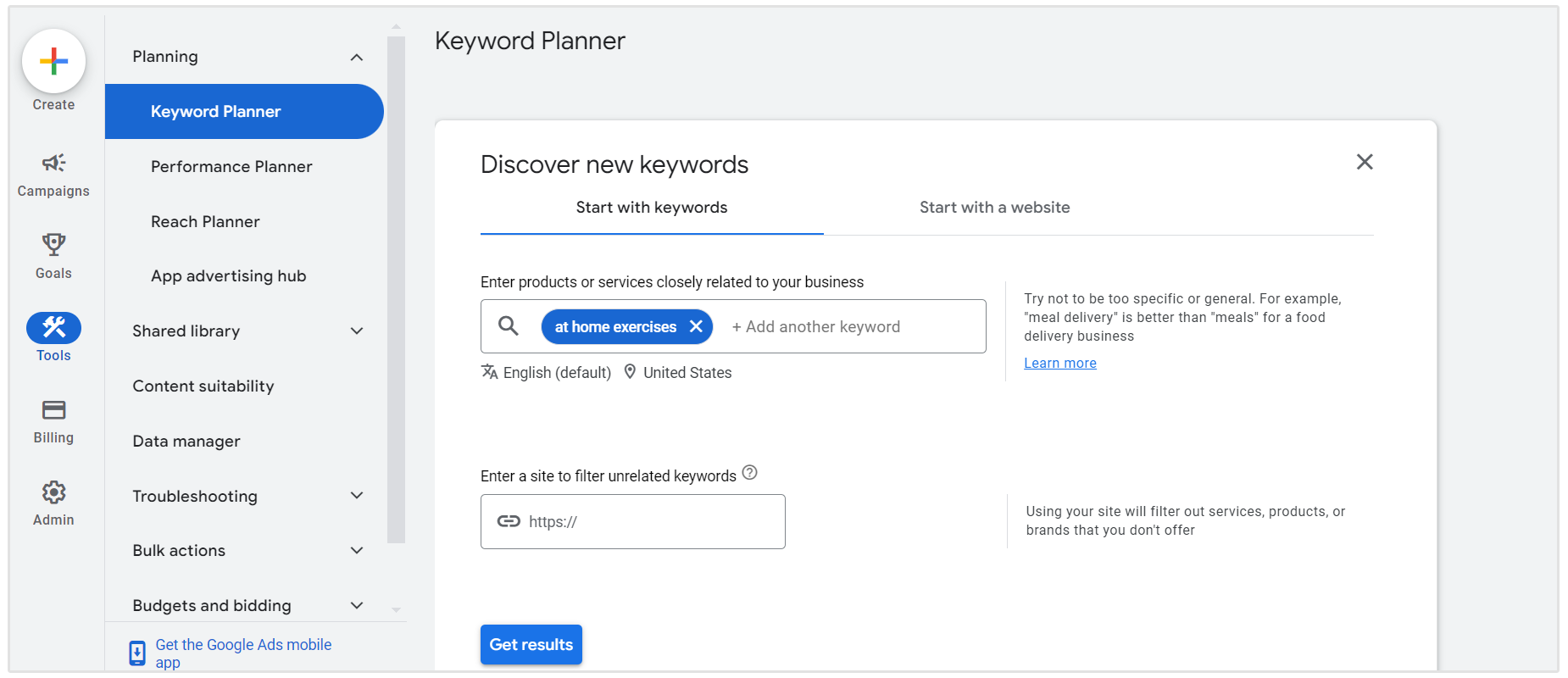 ćwiczenia w domu google keyword planner